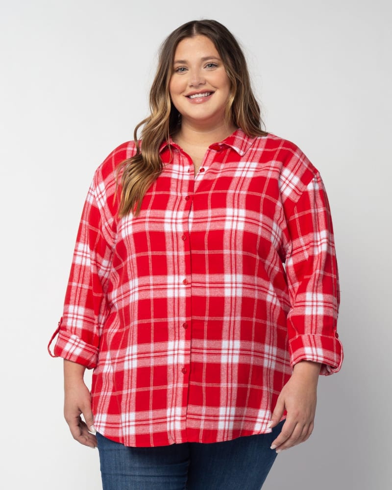 Front of a model wearing a size 3X Boyfriend Plaid in Red by chicka-d. | dia_product_style_image_id:289381